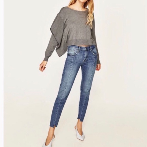 Zara Knit Ruffle Sleeve Gray Crop Sweater Size M - Picture 3 of 8